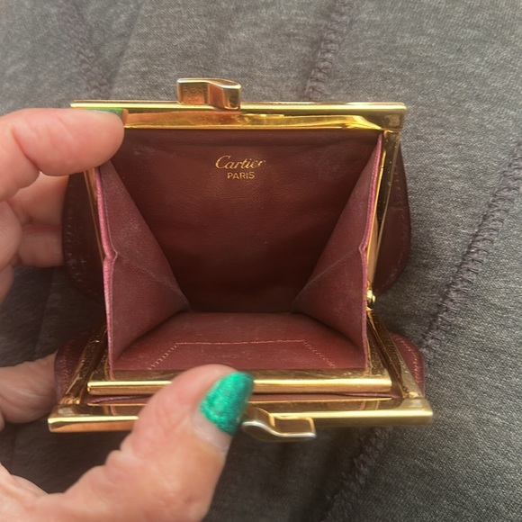 Cartier Burgundy Bordeaux Leather kiss lock Coin Purse dual pockets - Picture 7 of 12